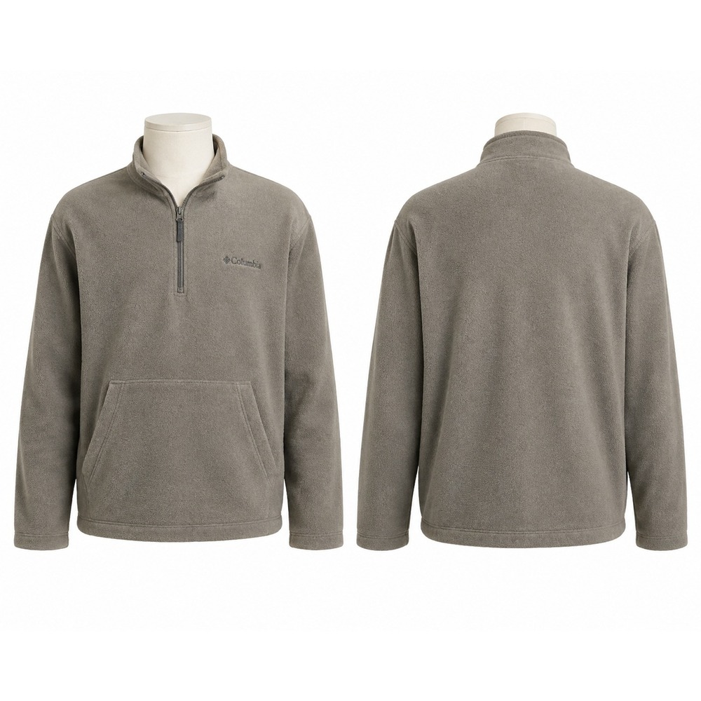 Columbia Mens XL Taupe Moss Green Fleece Quarter Zip Pullover Kangaroo Pocket